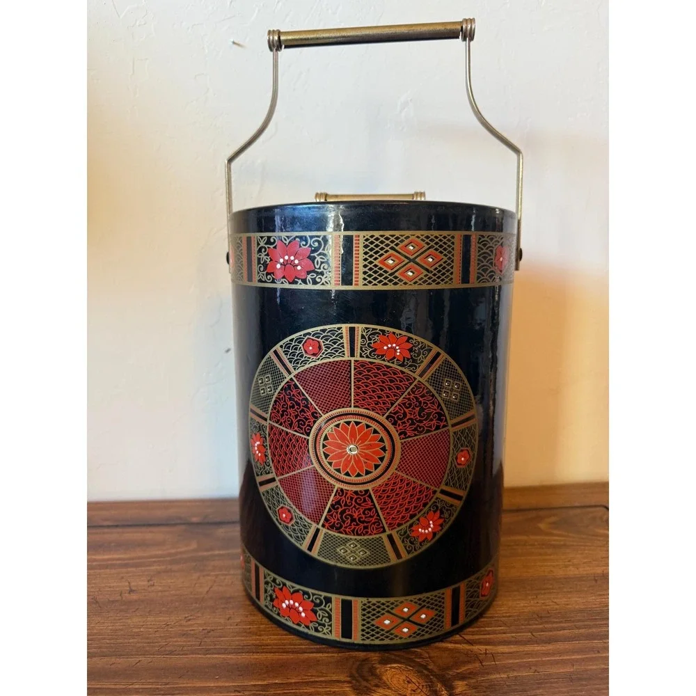 Vintage Chinoiserie Ice Bucket Faux Bamboo Handle Red and Black Intricate Design